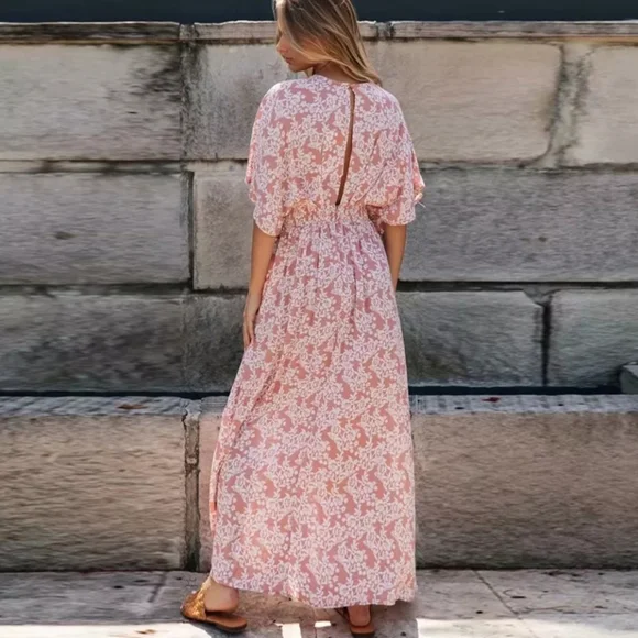 Floral Split Back V-neck Front Slit Cotton Boho Maxi Dress - Picture 3 of 16